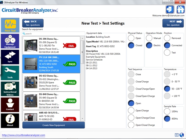 4.5 Test Settings Breaker Selected