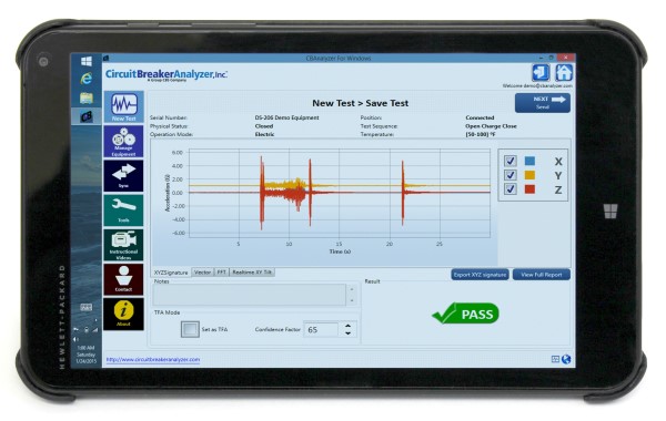 circuit breaker testing software program test result screen